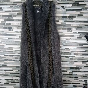 BKE Gray Fuzzy Cardigan Vest with Crochet Detail M Coastal Cowgirl